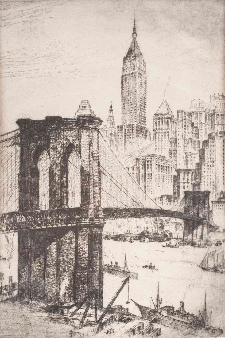 Anton Schutz, (American/German, 1894-1977), Brooklyn: Anton Schutz (American/German, 1894-1977) Brooklyn Bridge, 1929 etching signed A. Schutz (lower right) 14 x 10 inches. Property from the Collection of Gayle Gordon Nering, Naples, Florida Condition: H