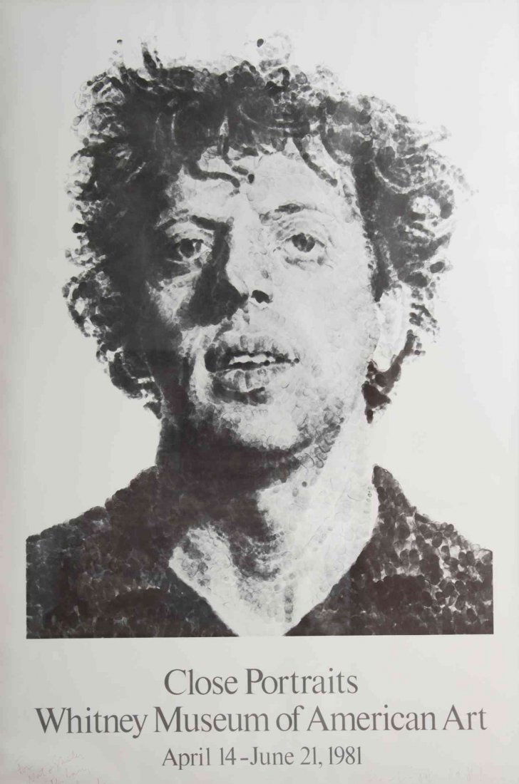 After Chuck Close, (American, b. 1940), Phil, 1981 from: After Chuck Close (American, b. 1940) Phil, 1981 from the Whitney Museum's Close Portraits poster signed indistinctly and inscribed (lower left) 38 1/4 x 25 1/2 inches.