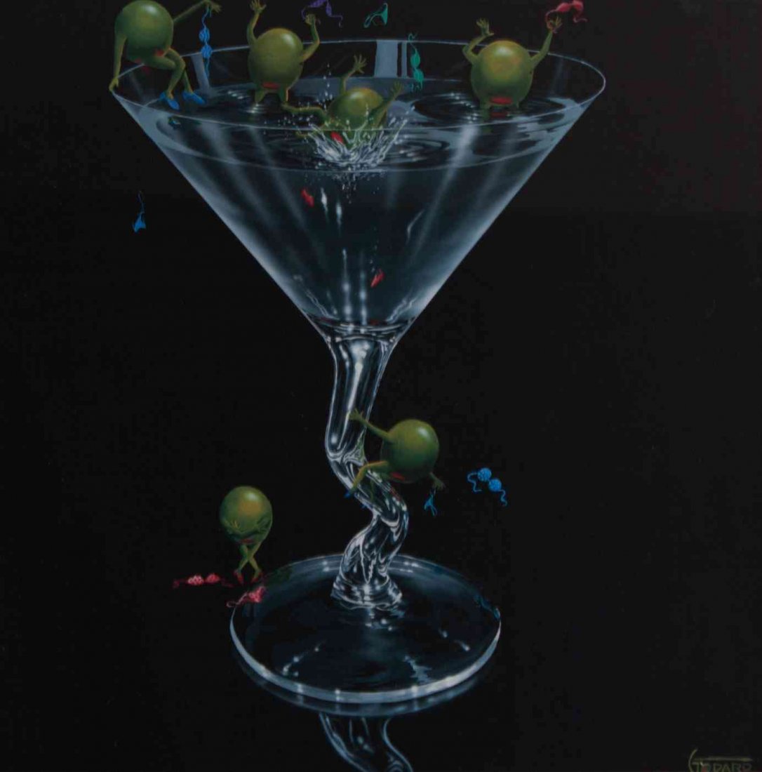 Michael Goddard, (American, 20th century), Olives Gone: Michael Goddard (American, 20th century) Olives Gone Wild and Martini Limbo (two works) lithograph each signed Goddard (lower right) 10 3/4 x 10 7/8 inches. Condition: framed size: 21 1/2 x 21 1/2 inc