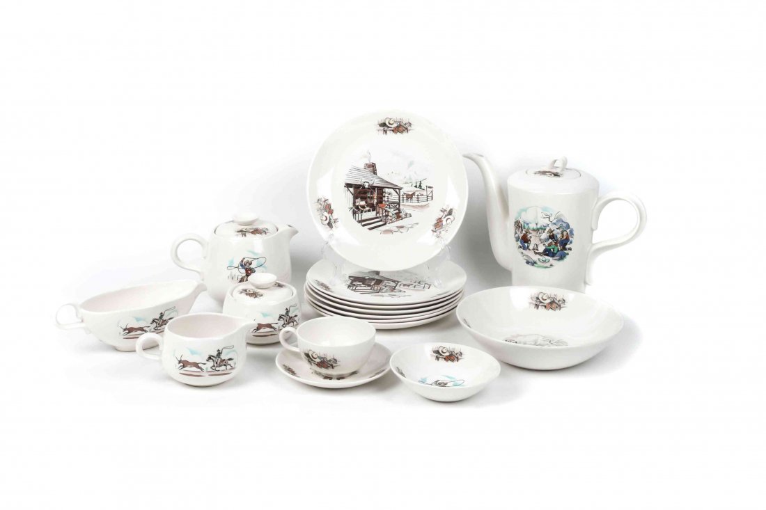 A Partial Porcelain Dinner Service, Rhythm, Homer: A Partial Porcelain Dinner Service, Rhythm, Homer Laughlin, each piece having painted decoration of a western cowboy or rodeo scene, comprising seven dinner plates, five dessert plates, two serving bo