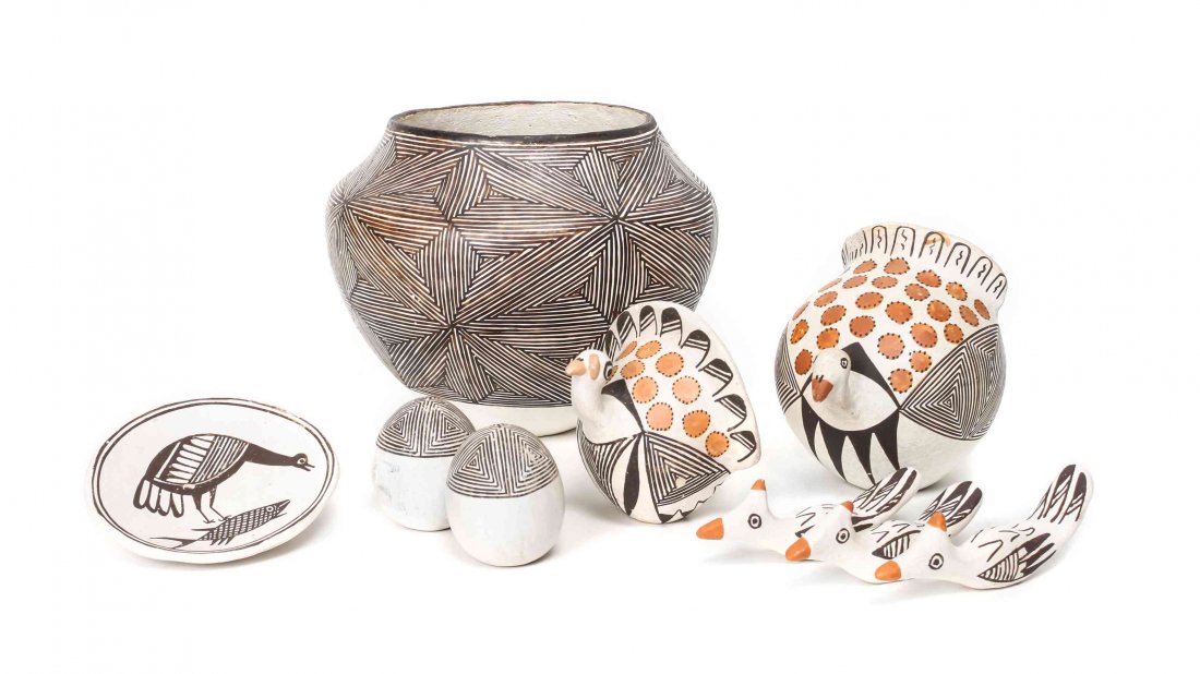 Lucy M. Lewis (1898-1992), Acoma, Height of largest 6 x: Lucy M. Lewis (1898-1992), Acoma, comprising a fine line decorated jar, two turkeys, three birds, a small plate depicting a bird and fish and a fine line decorated salt and pepper shaker. Height of la