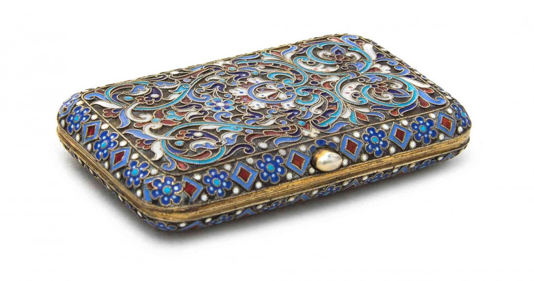 A Russian Silver and Enamel Cigarette Case, Maker's: A Russian Silver and Enamel Cigarette Case Maker's Mark HA, St. Petersburg, Late 19th Century rounded rectangular, covers decorated overall with polychrome flowers and scrolling foliage against a matt