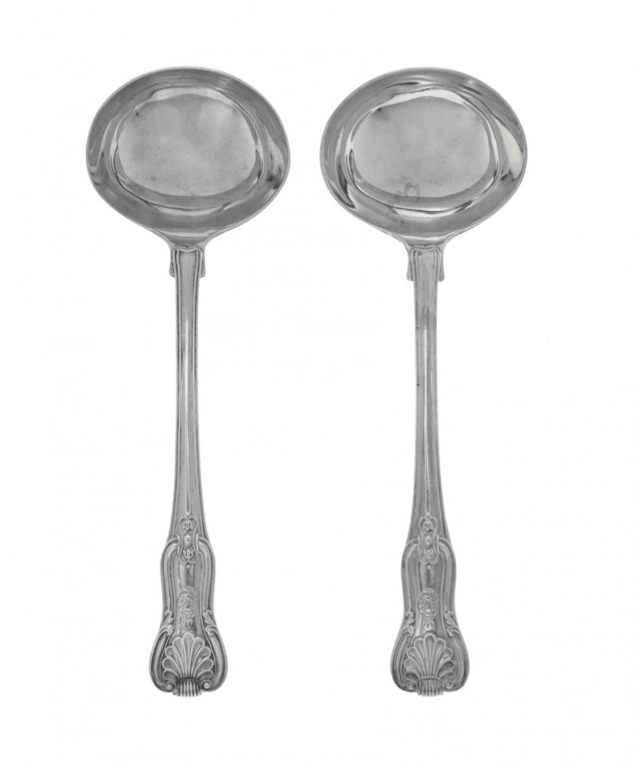 Two George III Silver Sauce Ladles, Paul Storr, London,: Two George III Silver Sauce Ladles Paul Storr, London, 1816 Fiddle Thread Shell pattern, terminals engraved with a mount in flames crest above a badge enclosing initials AG; together with a William IV
