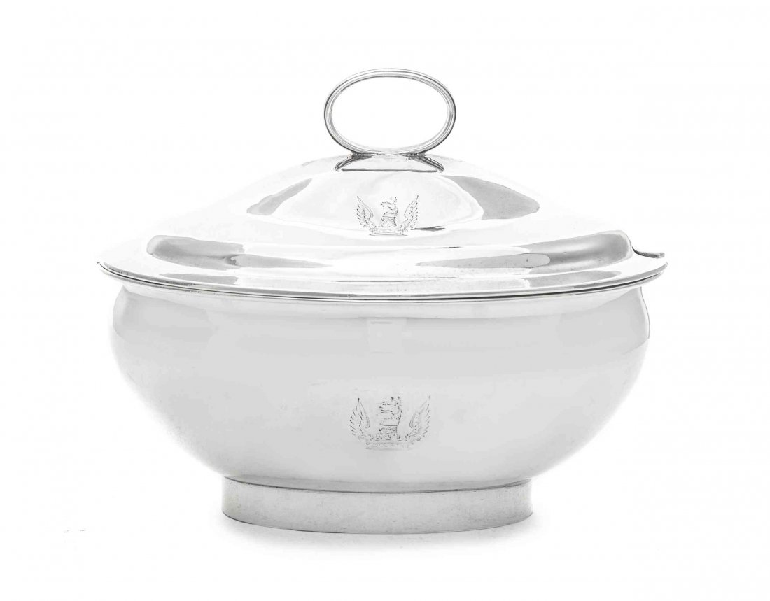 A George III Silver Sauce Tureen, Rebecca Emes and: A George III Silver Sauce Tureen Rebecca Emes and Edward Barnard, London, 1809 of oval bombe form, the lid with reeded loop handle, lid and body engraved with crest fully marked on base rim and lip of