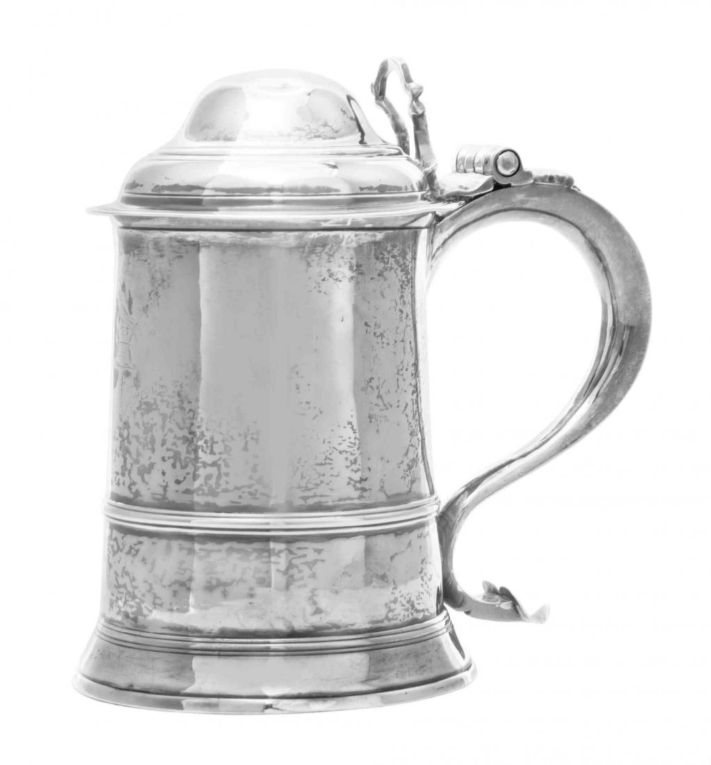 A George II Silver Lady's Tankard, Robert Albion Cox,: A George II Silver Lady's Tankard Robert Albion Cox, London, 1748 tapered cylindrical with applied mid-rim, the scroll handle with baluster drop and heart shaped terminal, stepped dome cover with loop