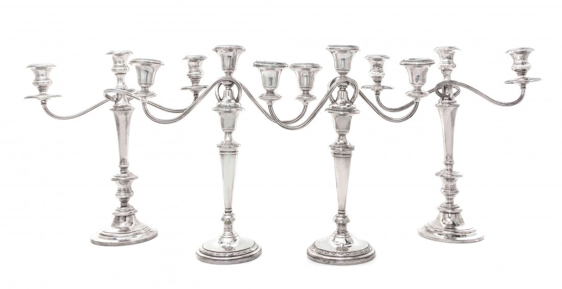 A Pair of American Silver Three-Light Candelabra, Frank: A Pair of American Silver Three-Light Candelabra Frank M. Whiting & Co., North Attleboro, MA, Early 20th Century Talesman Rose pattern, detachable tops with two scrolling branches issuing from central