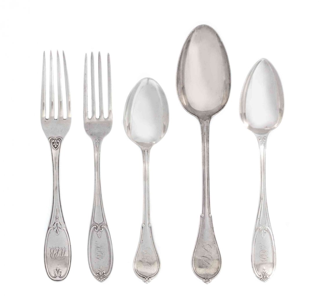 A Group of American Silver Flatware Articles, Various: A Group of American Silver Flatware Articles Various makers, 19-20th Century comprising 17 dinner forks, similar pattern, some Jos. Seymour Mfg. Co. 10 dessert spoons, matching pattern Jos. Seymour Mf