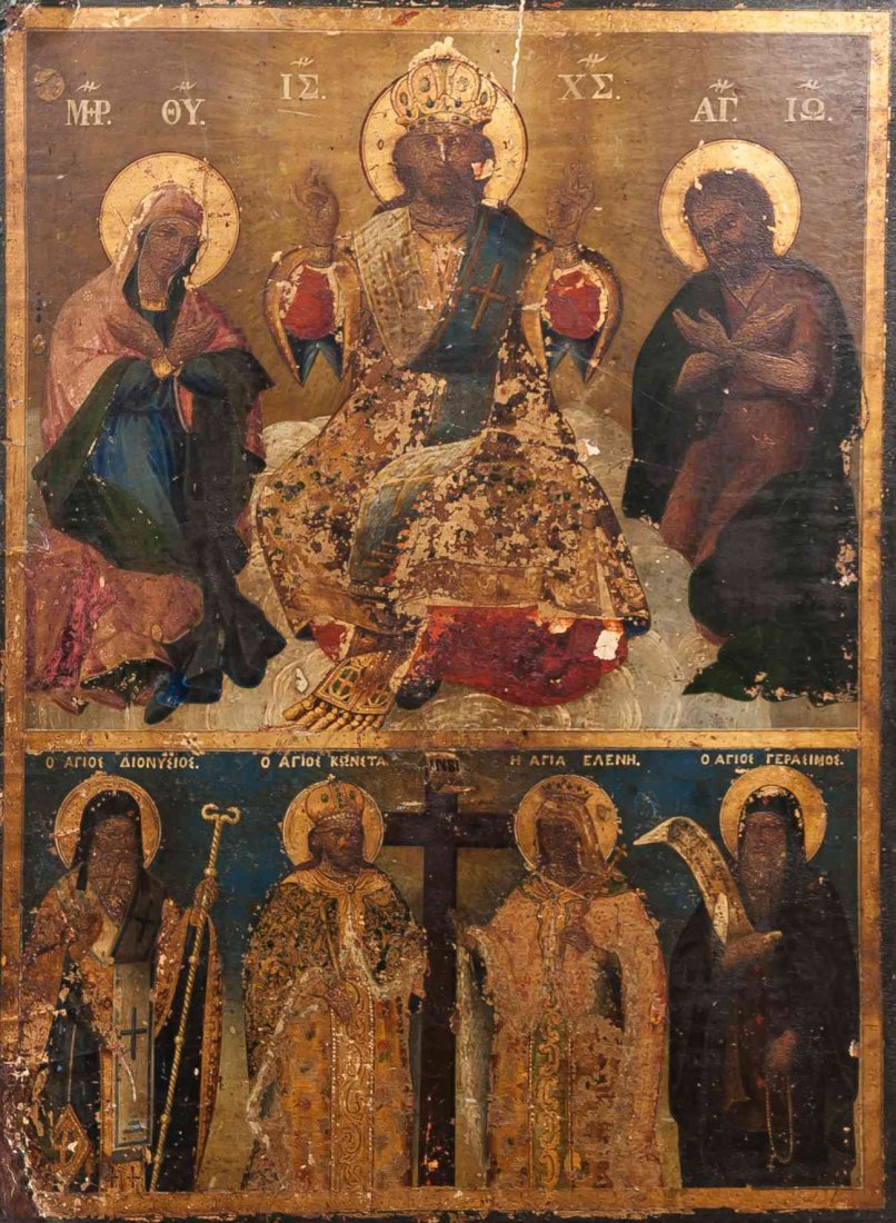 An Eastern European Icon on Panel, Height 17 1/2 x: An Eastern European Icon on Panel, the upper two thirds decorated with Jesus flanked by Mary and John, the lower third decorated with four saints. Height 17 1/2 x width 13 inches.