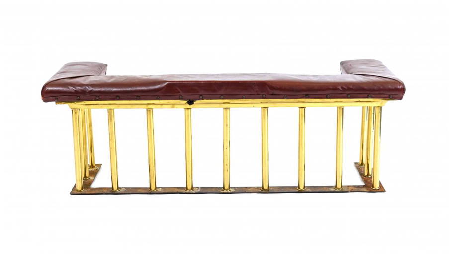 A Brass Club and Leather Upholstered Fire Fender, Width Nov 21, 2014