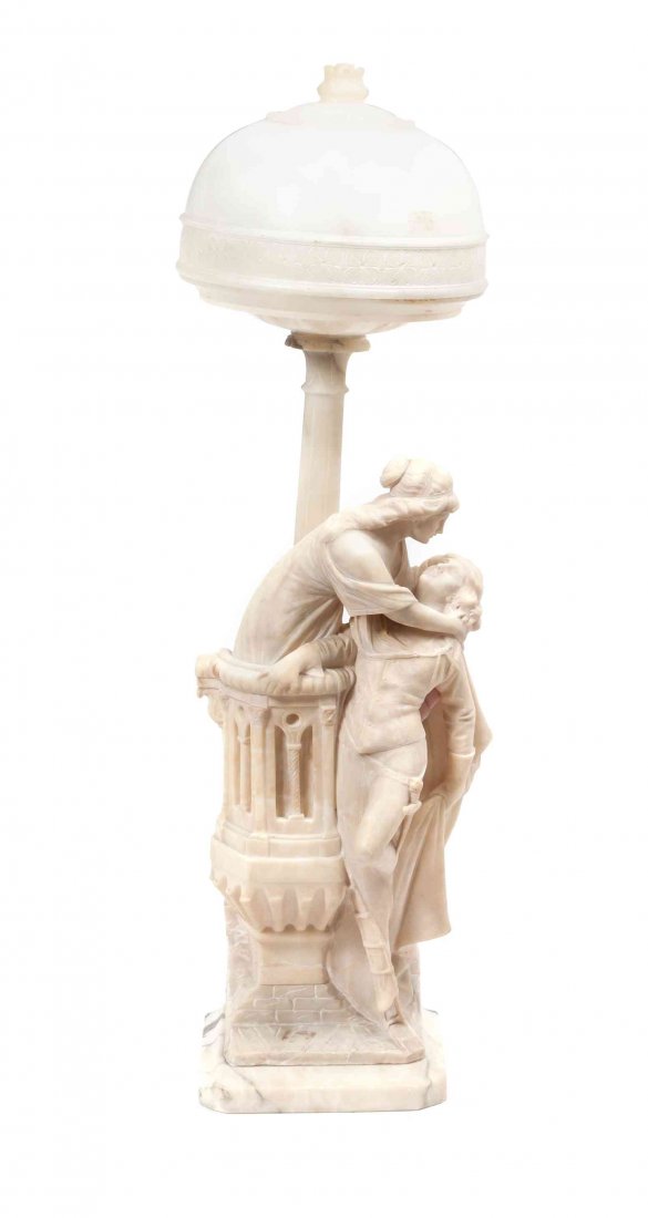 An Italian Alabaster Figural Lamp, Height 30 3/4: An Italian Alabaster Figural Lamp, depicting Romeo and Juliet. Height 30 3/4 inches. Property from the Estate of Dr. Fred A. Goldberg, Memphis, Tennessee