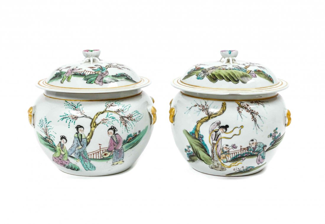 A Pair of Ceramic Lidded Ginger Jars, Height 8 1/4 x: A Pair of Ceramic Lidded Ginger Jars, having beetle finials, decorated with handpainted figural scenes. Height 8 1/4 x diameter 8 inches. Condition: Slight chip to rim of one lid.
