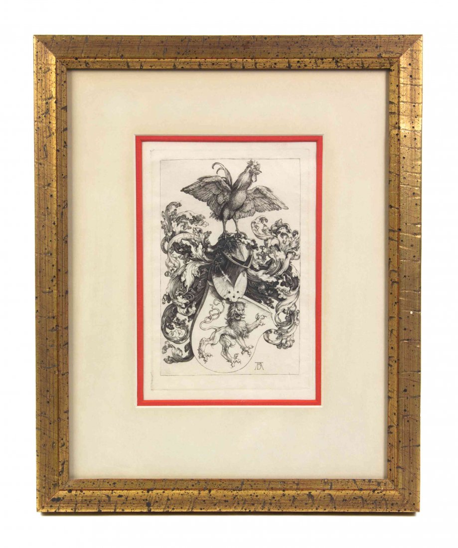 After Albrecht Dürer, (German, 1471-1528), A Coat of Ar: After Albrecht Dürer (German, 1471-1528) A Coat of Arms with A Lion and a Cock engraving 8 x 5 inches. Ref: Bartsch, 100. Condition: Slight toning to paper, slight wrinkling to paper in lower right c