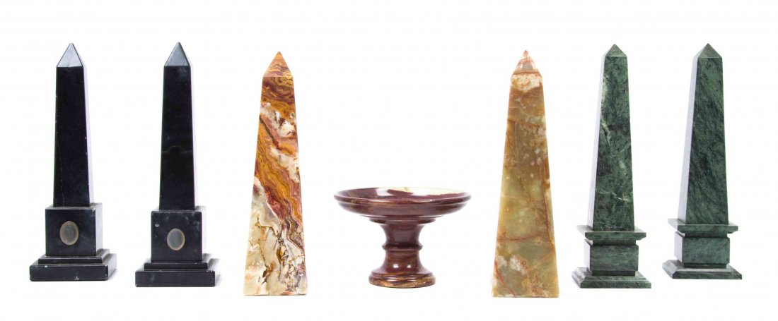 Three Pairs of Stone Obelisks, Height of tallest 10 1/2: Three Pairs of Stone Obelisks, including examples in marble, slate and onyx, together with a turned stone bowl. Height of tallest 10 1/2 inches.