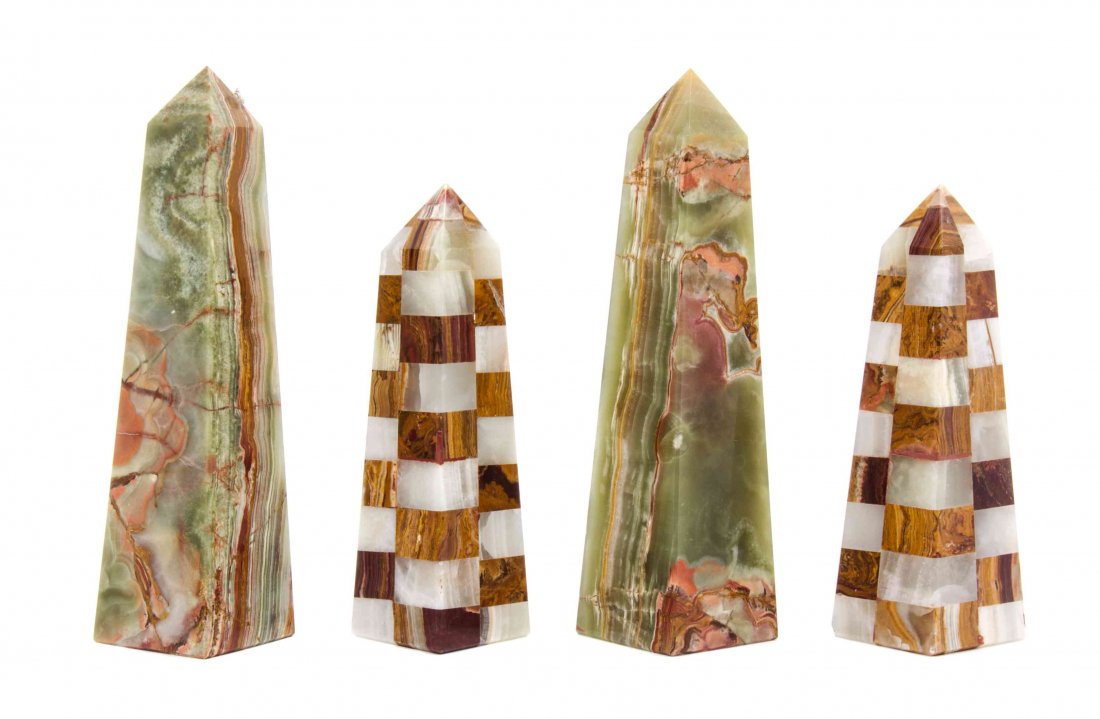 A Pair of Onyx Obelisks, Height of first 10 inches.: A Pair of Onyx Obelisks, together with a pair of specimen onyx obelisks. Height of first 10 inches.