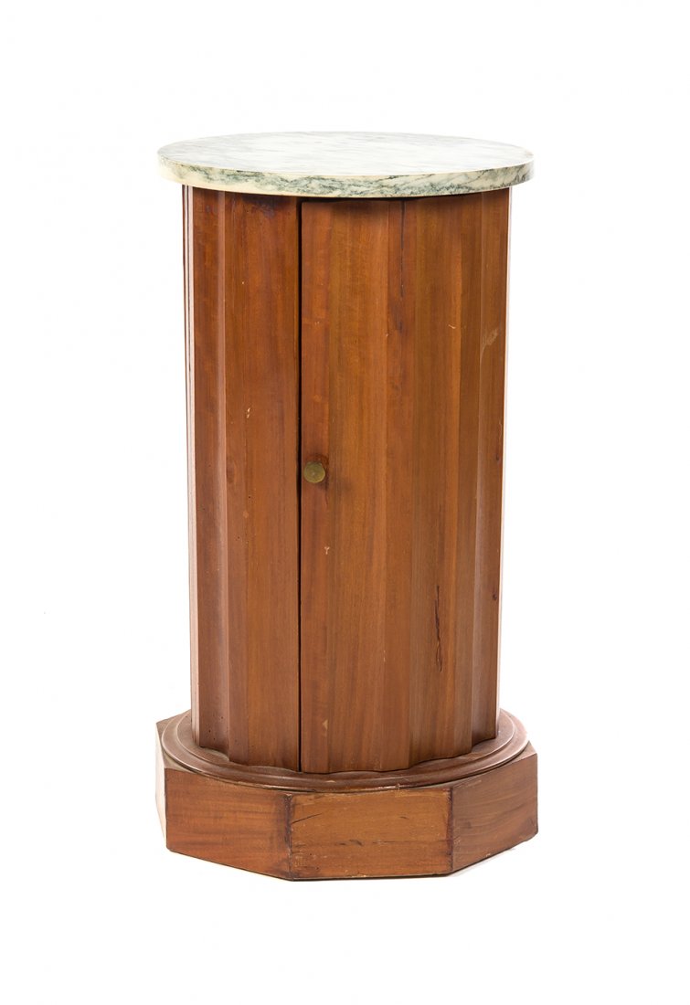 A Continental Pedestal Cabinet, Height 27 1/4 x: A Continental Pedestal Cabinet, having a circular marble top over a single door opening to a shelved interior, raised on an octagonal base. Height 27 1/4 x diameter 13 inches.