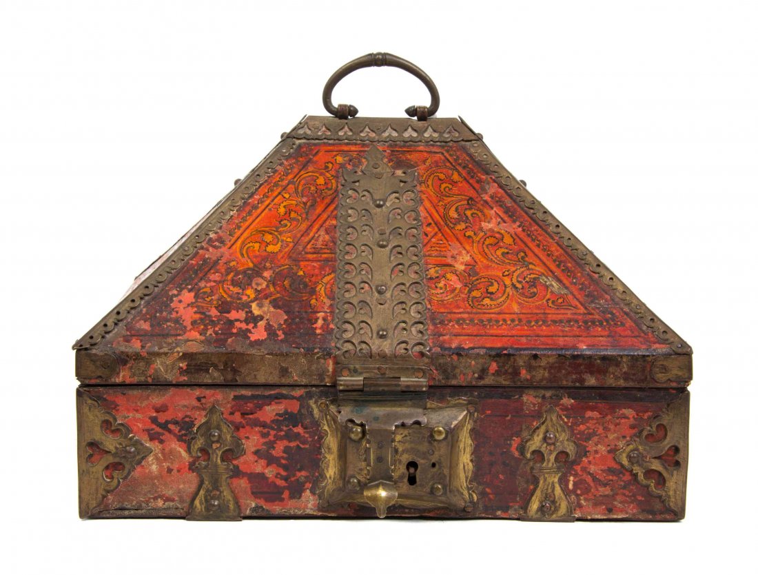 A Continental Brass Banded Embossed Leather Table: A Continental Brass Banded Embossed Leather Table Casket, with a peaked hinged lid. Width 12 1/2 inches.