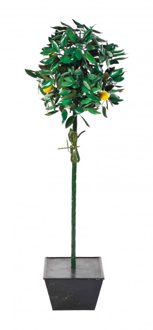 A Tole Lemon Tree, Height 48 1/4 inches.: A Tole Lemon Tree, issuing from a rectangular jardiniere. Height 48 1/4 inches.