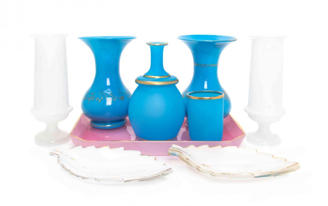 A Collection of Opaline Glass Articles, Width of tray: A Collection of Opaline Glass Articles, comprising two pairs of vases, a leaf form dish, a decanter, a tumbler and a tray with a gilt rim. Width of tray 13 inches.