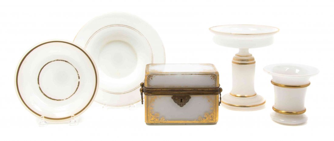 A Collection of Gilt Decorated Opaline Glass Articles,: A Collection of Gilt Decorated Opaline Glass Articles, comprising a table casket, a tazza, two dishes and a vase. Width of first 4 3/4 inches.
