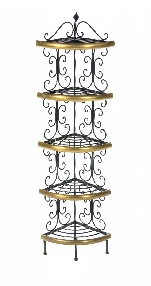 A Steel and Brass Corner Baker's Rack, Height 55 x: A Steel and Brass Corner Baker's Rack, having five quarter-round tiers joined by scroll supports. Height 55 x width 16 1/2 x depth 11 1/4 inches.