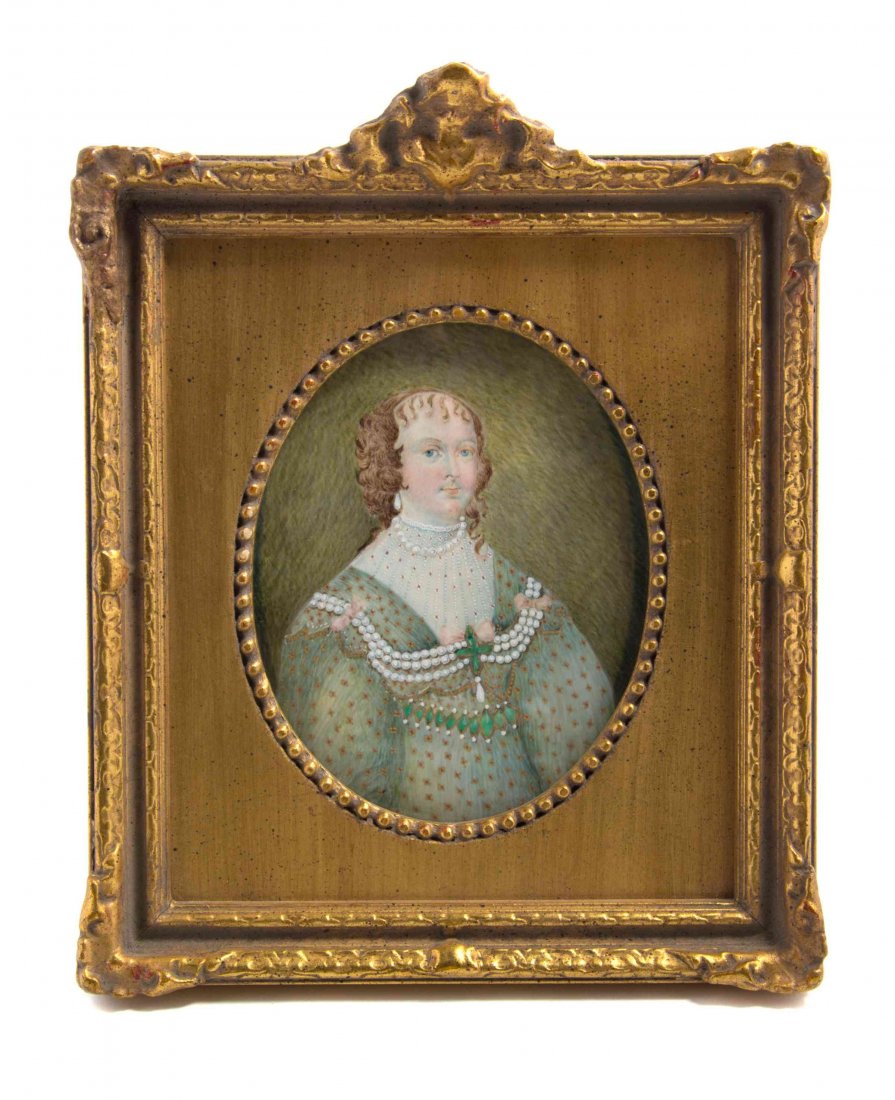 A Continental Portrait Miniature, 4 3/4 x 3 3/4 inches.: A Continental Portrait Miniature, AFTER SIR PETER LELY (DUTCH/ENGLISH, 1618-1680), depicting Lady Clarendon. painting on ivory? 4 3/4 x 3 3/4 inches.