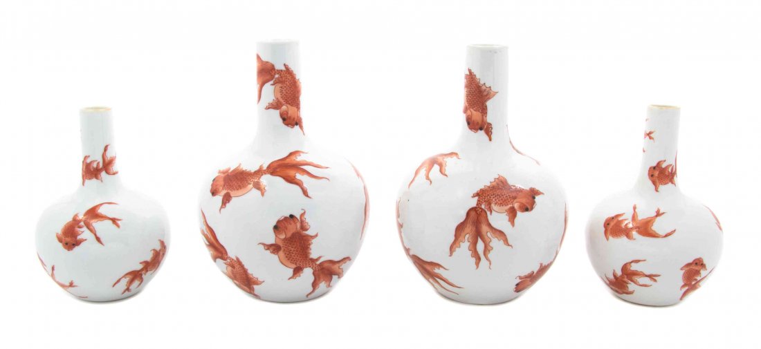 Four Chinese Porcelain Vases, Height of tallest 8: Four Chinese Porcelain Vases, each of bottle form, decorated with carp. Height of tallest 8 inches.