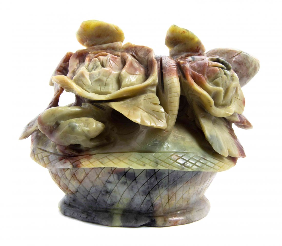 A Carved Soapstone Article, Width 8 inches.: A Carved Soapstone Article, depicting a basket of flowers. Width 8 inches.