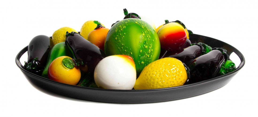 A Collection of Blown Glass Fruit and Vegetables,: A Collection of Blown Glass Fruit and Vegetables, including lemons, ears of corn, peppers and others. Length of longest 9 inches.