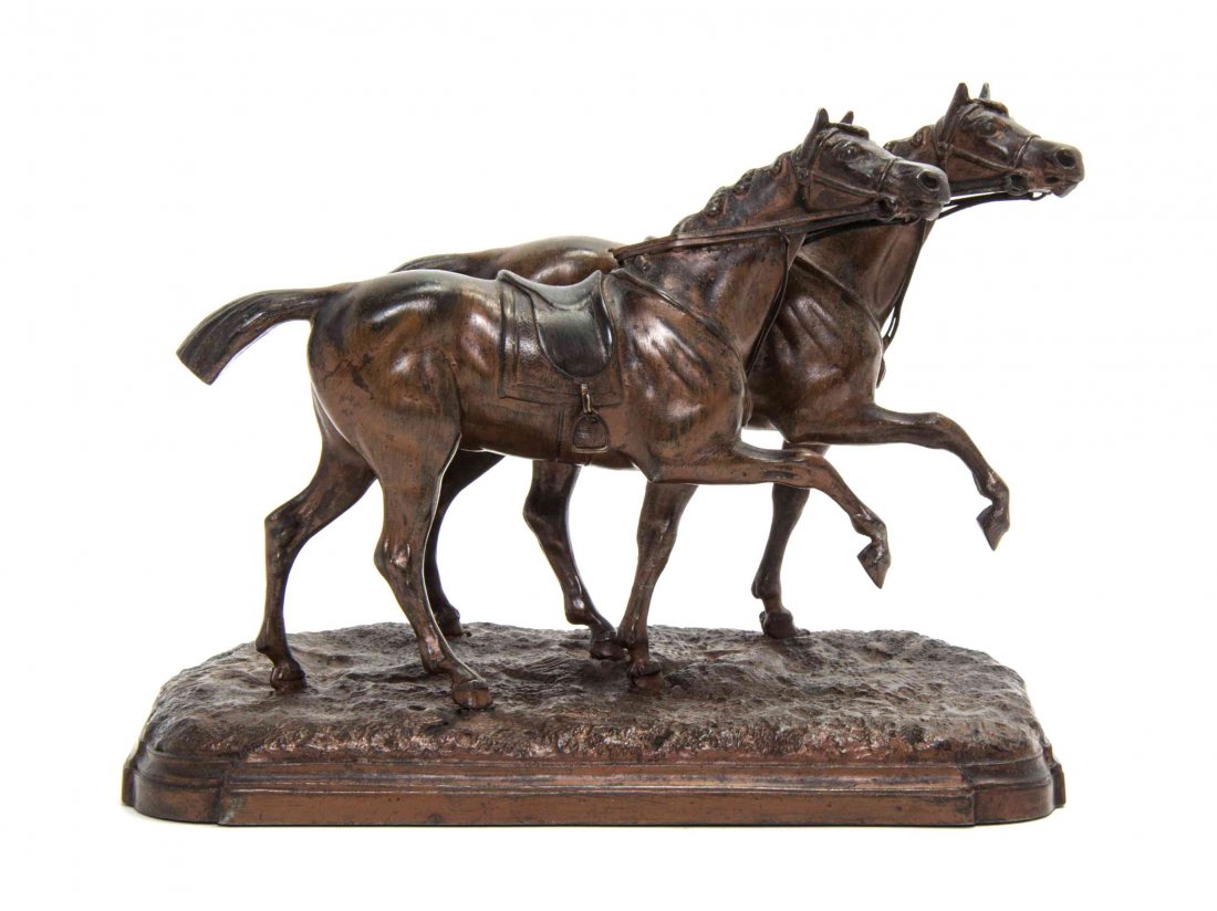 A Cast Metal Equestrian Group, Width 7 inches.: A Cast Metal Equestrian Group, AFTER PROSPER LECOURTIER, depicting two striding horses with reins and saddles, set in a custom plexiglass display case. Width 7 inches.