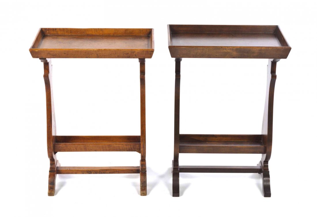 A Pair of Provincial Fruitwood Work Tables, Height 23 x: A Pair of Provincial Fruitwood Work Tables, each having a rectangular dished top raised on twin vasiform supports joined by stretchers. Height 23 x width 17 x depth 9 3/4 inches.