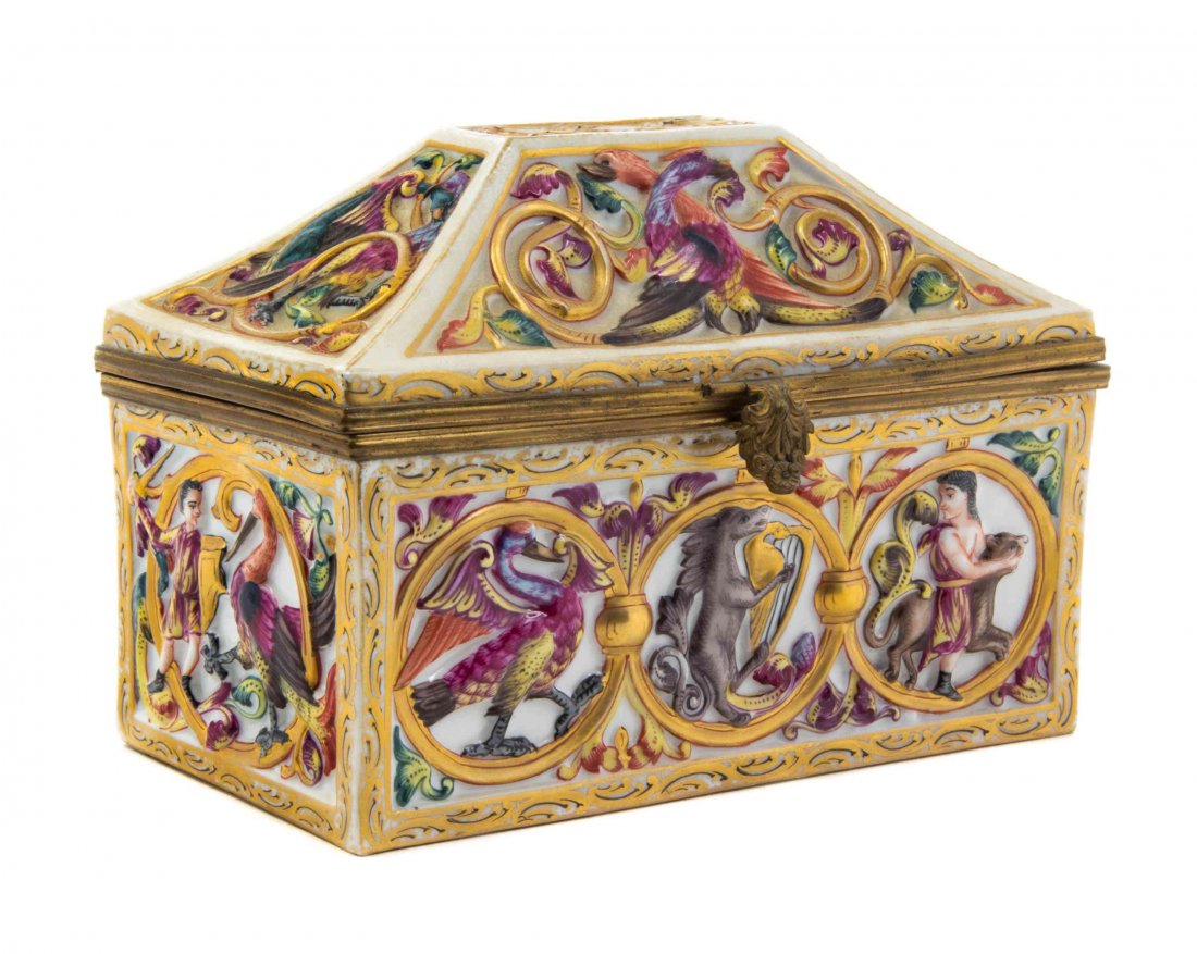 A Capodimonte Porcelain Table Casket, Width 7 1/4: A Capodimonte Porcelain Table Casket, having a hinged lid with polychrome relief decoration. Width 7 1/4 inches.
