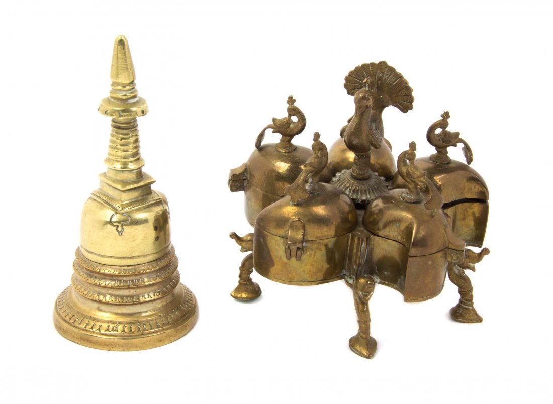 An Indian Brass Pill Box, Height of first 4 1/2 inches.: An Indian Brass Pill Box, with five compartments and bird decoration, together with an Indian brass finial. Height of first 4 1/2 inches.