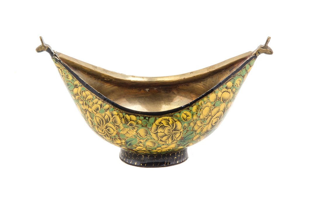 A Middle Eastern Lacquered Bowl, Width 6 1/2 inches.: A Middle Eastern Lacquered Bowl, of oval form with allover foliate decoration. Width 6 1/2 inches.