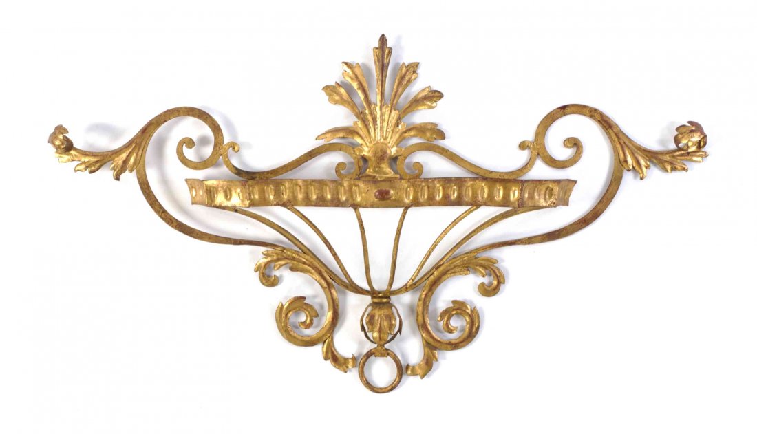 A Gilt Decorated Wall Pocket, Width 34 inches.: A Gilt Decorated Wall Pocket, of flattened ovoid form with leaf decoration throughout. Width 34 inches.