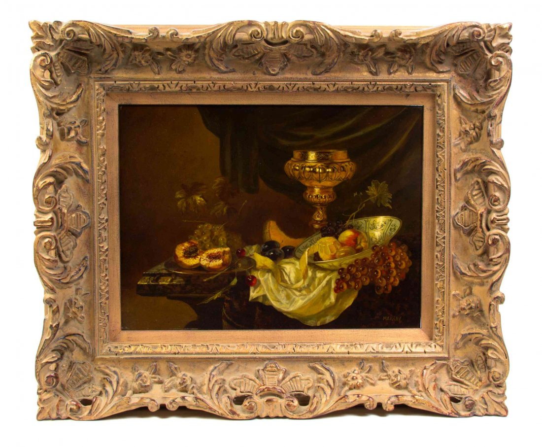 Makrav, (20th Century), Still Life with Chalice and: Makrav (20th Century) Still Life with Chalice and Fruit oil on board signed Makrav (lower right) 11 1/2 x 15 1/2 inches.