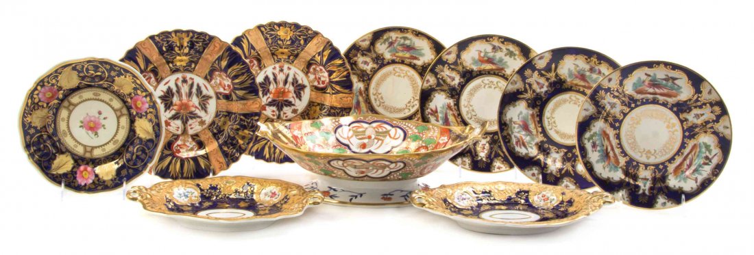 A Collection of English Porcelain Articles, Width of: A Collection of English Porcelain Articles, comprising a Spode oval footed bowl, two Rockingham oval serving dishes and seven plates. Width of widest 15 inches. Property from the Estate of Harold Hart