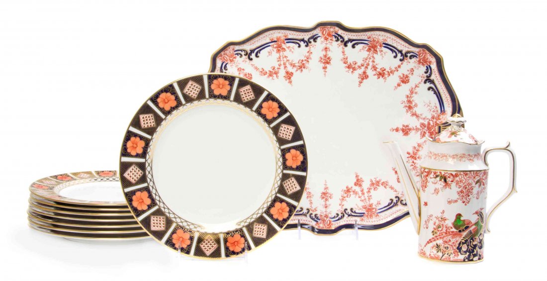 An Assembled Collection of Royal Crown Derby Porcelain: An Assembled Collection of Royal Crown Derby Porcelain Table Articles, comprising a coffee pot, a tray and six Imari pattern dinner plates. Height of first 6 inches. Property from the Estate of Harold