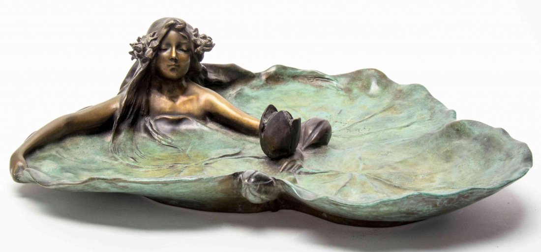 A Francois Raoul Larche Bronze Centerpiece, Width 13: A Francois Raoul Larche Bronze Centerpiece, in the form of a leaf with a bathing Art Nouveau maiden, signed Raoul Larche and numbered. Width 13 inches. Property from the Collection of Thomas and Elain
