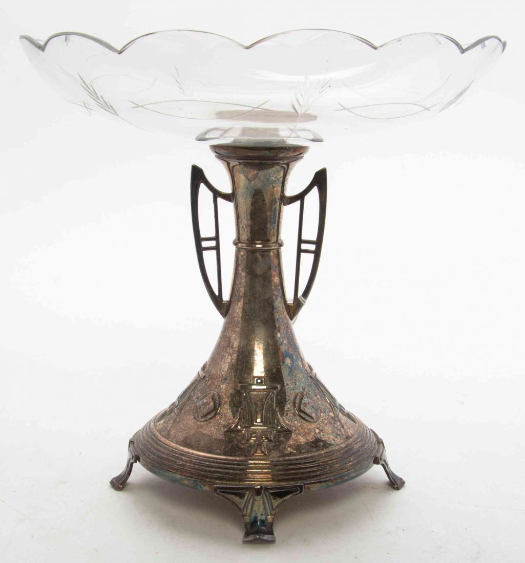 A Jugendstil Silver-Plate and Cut Glass Compote. Height: A Jugendstil Silver-Plate and Cut Glass Compote. Height 9 1/4 x diameter of glass 9 1/4 inches.