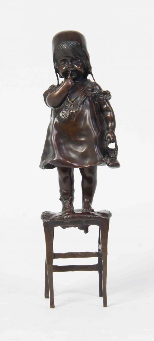 A Spanish Bronze Figure, Height 12 3/8 inches.: A Spanish Bronze Figure, AFTER JUAN CLARA (1875-1958), depicting a young girl standing on a chair. Height 12 3/8 inches. Property from the Collection of Robert Weagant, Westchester, Illinois