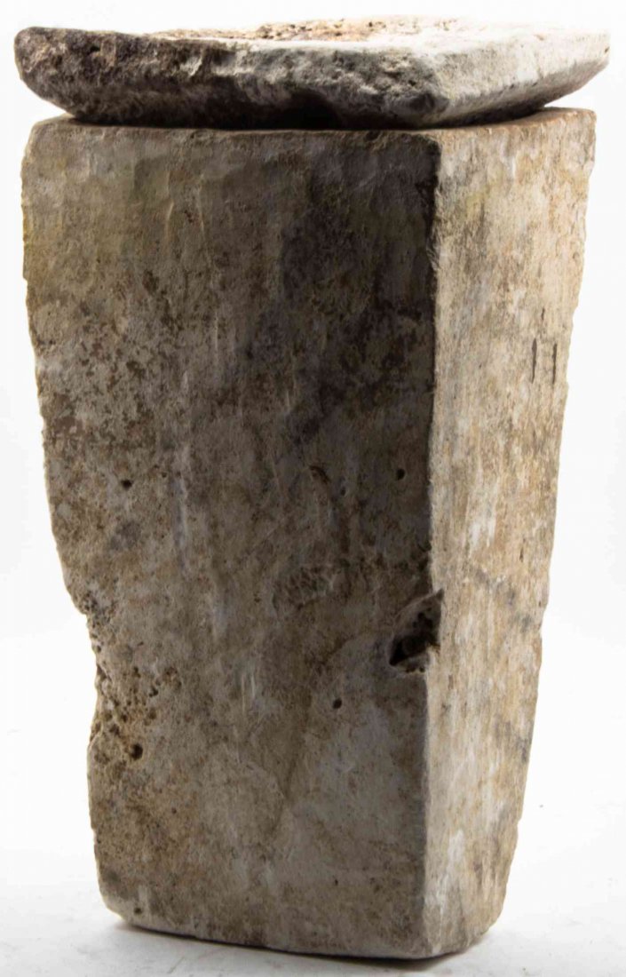 A Limestone Storage Vessel, Height 24 inches.: A Limestone Storage Vessel, of tapering square form with lid. Height 24 inches.
