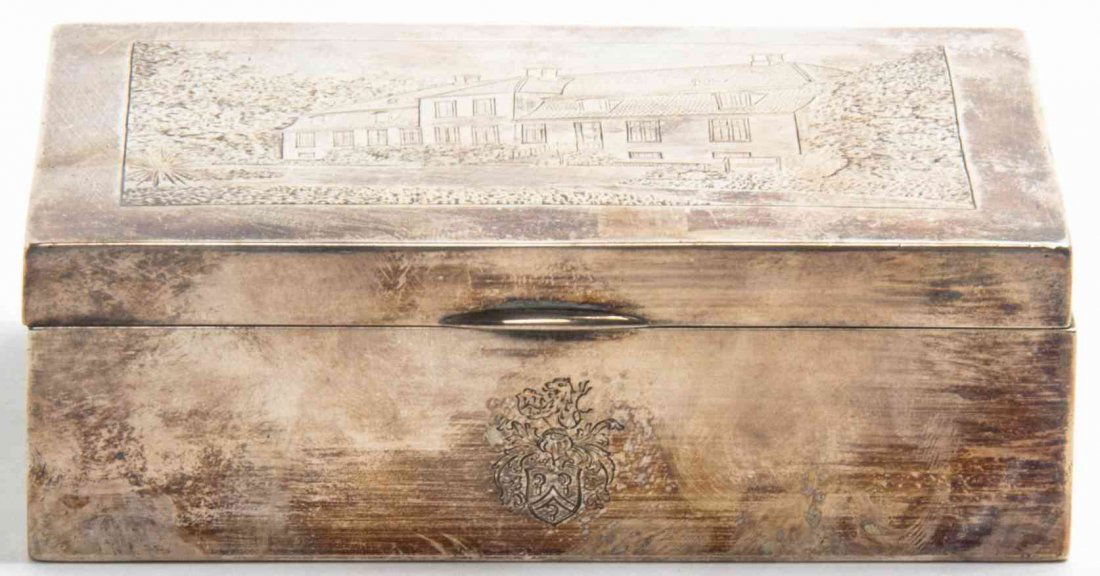 A Danish Silver Box, A. Michelsen, Copenhagen, 1918,: A Danish Silver Box A. Michelsen, Copenhagen, 1918 lid etched with image of a house, wood lined interior Length 4 3/4 inches
