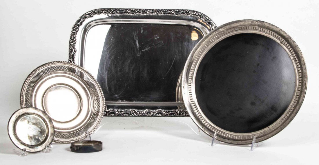 A Group of Silver and Silver-Plate Table Articles, ,: A Group of Silver and Silver-Plate Table Articles comprising a small plate, Newport Sterling, Providence, RI, a circular tray with formica center, Modernique pattern, Wallace Silversmiths, Wallingford
