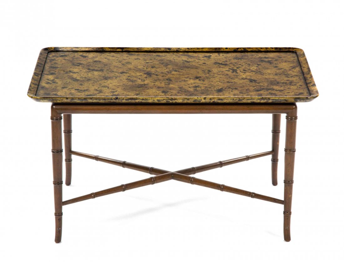 A Victorian Style Lacquered Tray, Width of tray 33: A Victorian Style Lacquered Tray, of rectangular dished form, set on a faux bamboo stand, set as a low table. Width of tray 33 inches.