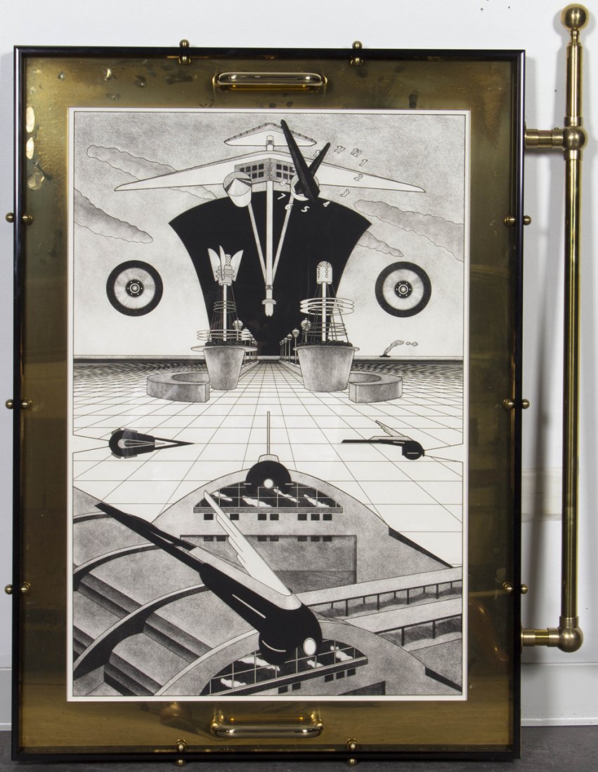 R.M. Fischer, (American, b. 1947), Modern Times, 1992: R.M. Fischer (American, b. 1947) Modern Times, 1992 etching and aquatint framed with metal and brass hardware edition 13/25 45 x 34 inches. Condition: Frame size: 46 1/2 x 34 1/4 inches.