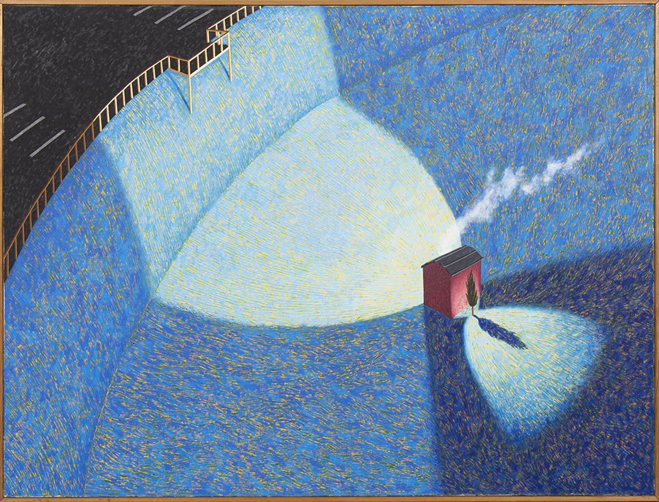 Susanne Slavick, (American, b. 1956), Red Ice Hut and: Susanne Slavick (American, b. 1956) Red Ice Hut and Overlook, 1982 oil on canvas signed S. Slavick and dated (verso) 36 x 47 3/8 inches. Condition: Frame size: 36 3/4 x 48 1/2 inches.