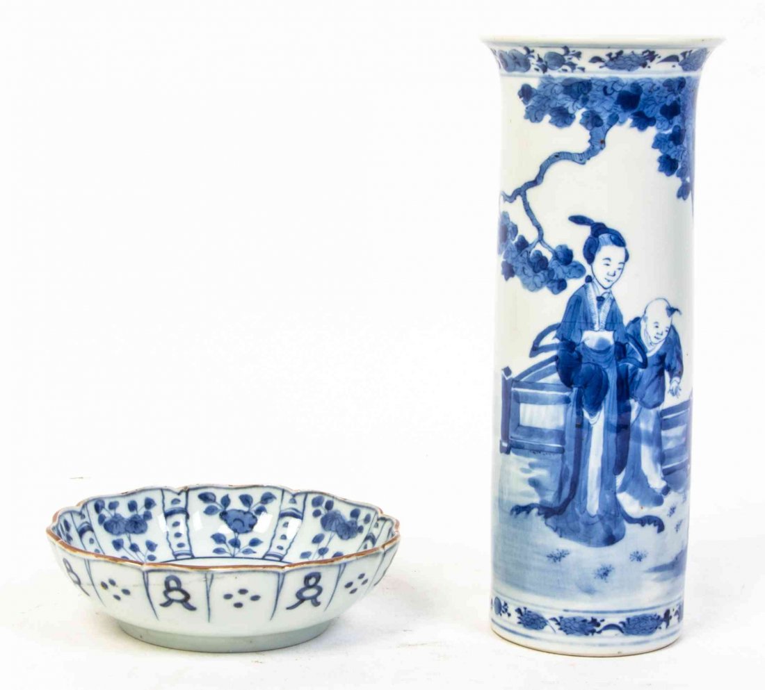 A Blue and White Porcelain Vase, Height 10 1/8 inches.: A Blue and White Porcelain Vase, depicting a figural scene, together with a blue and white scalloped bowl. Height 10 1/8 inches. Property from a Midwest Corporate Collection