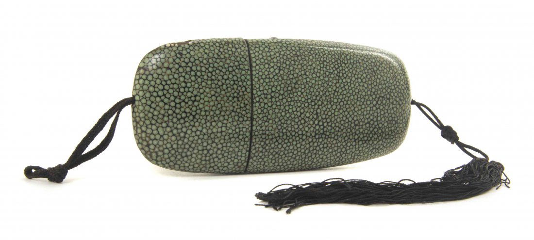 A Chinese Shagreen Glasses Case, Width 6 1/4 inches.: A Chinese Shagreen Glasses Case, containing a pair of glasses inside. Width 6 1/4 inches. Property from the Collection of James S. Frankenberger, Downers Grove, Illinois