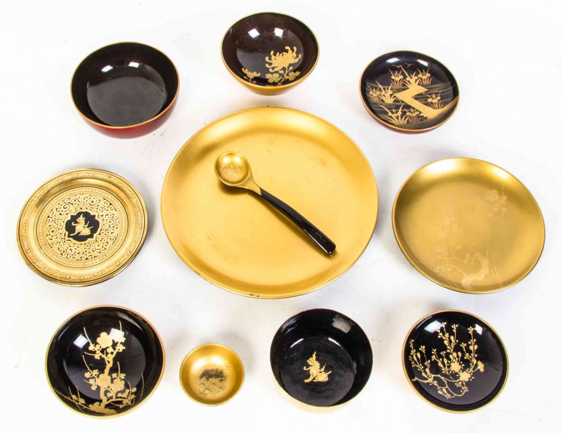 An Assembled Lacquerware Dinner Service, Diameter of: An Assembled Lacquerware Dinner Service, including Japanese and Burmese elements, comprising plates, bowls and others. Diameter of plates 9 5/8 inches. Property from a Private Collection
