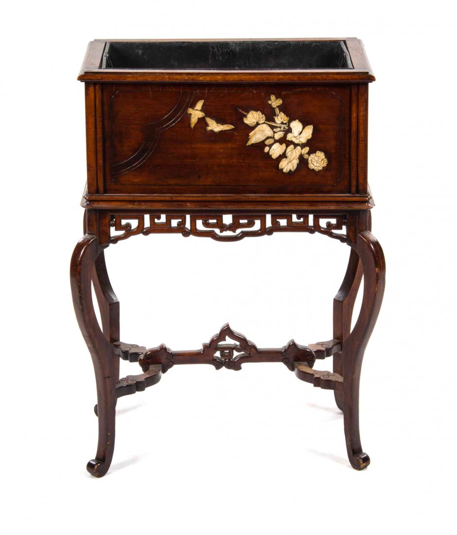 A Japanese Export Jardiniere on Stand, LATE 19TH/EARLY: A Japanese Export Jardiniere on Stand, LATE 19TH/EARLY 20TH CENTURY, of rectangular form, inlaid to show birds and flowers, raised on cabriole legs joined by a stretcher. Height 33 x width 22 1/4 x de